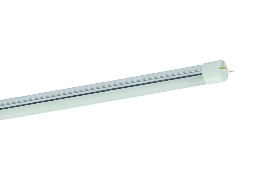 Eine leuchtende LED-Röhre mit einem weißen Sockel, die auf einer weißen Hintergrundfläche diagonal liegt.