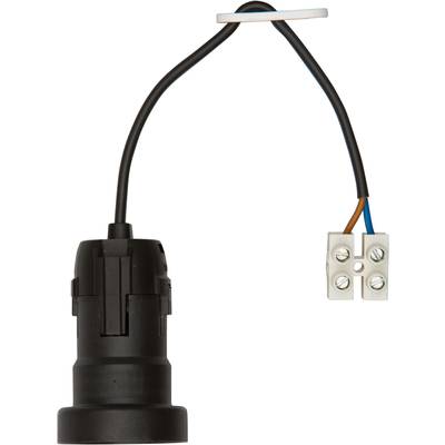 Ein schwarzer elektrischer Gerätestecker mit zwei Drähten und einer weißen Kunststoffklemme, isolierte Kabelenden sichtbar.