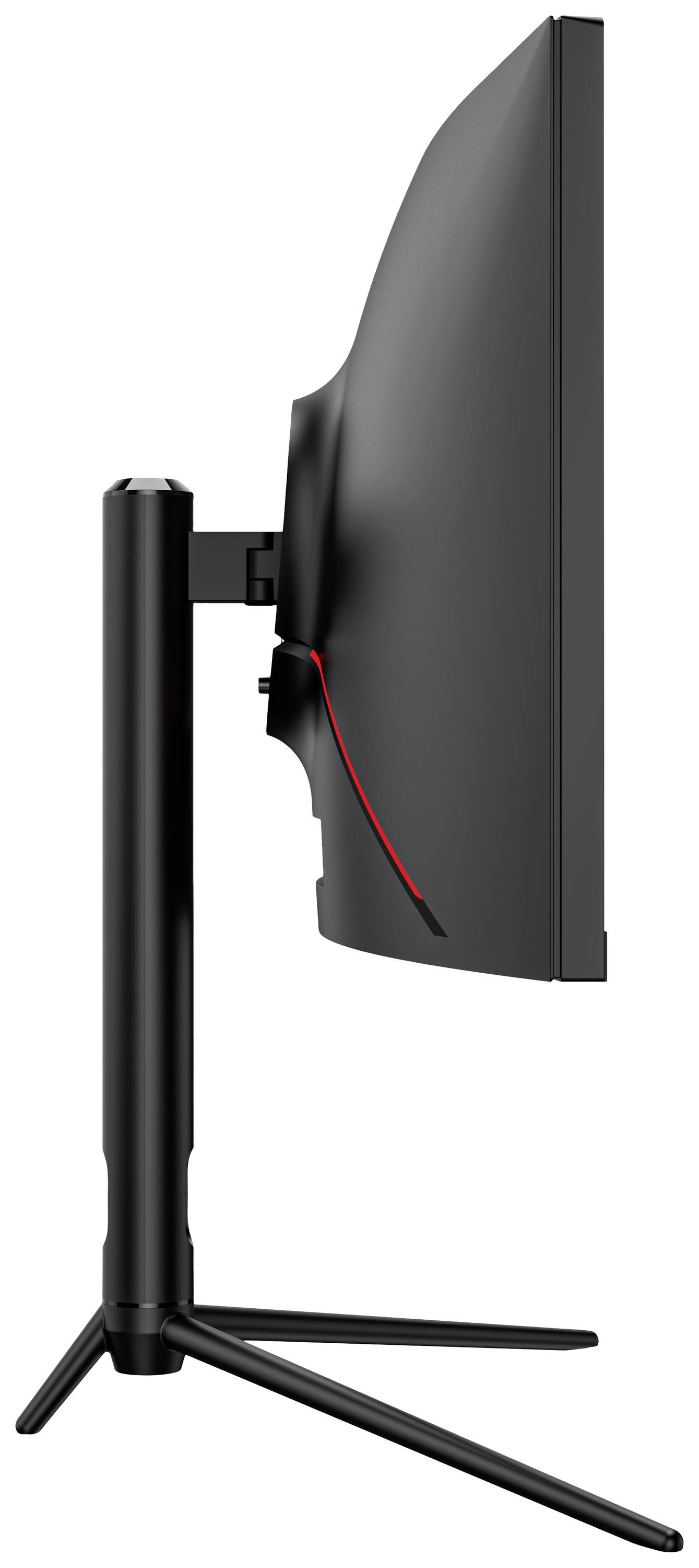 Seitenansicht eines schwarzen Computermonitors auf einem schlanken Standfuß. Der Bildschirm ist leicht nach vorne geneigt.