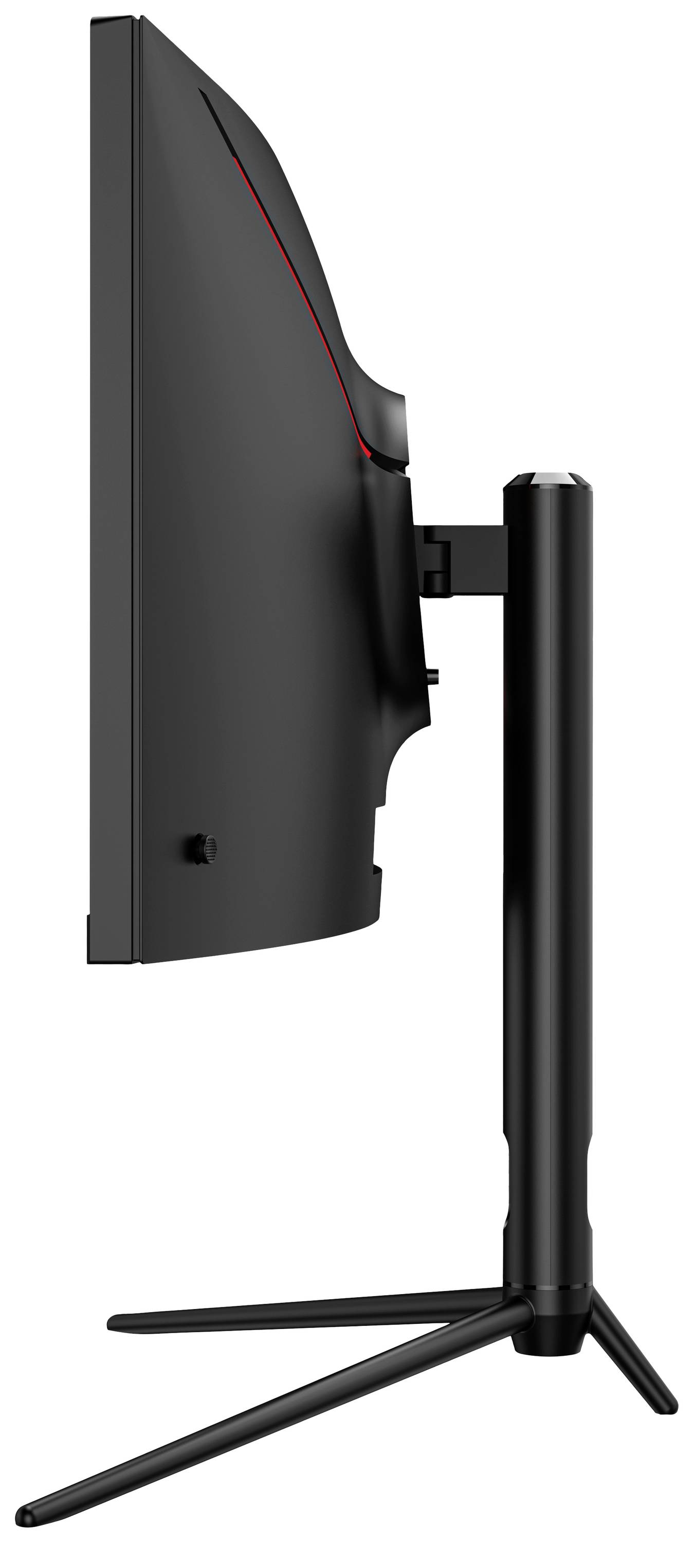 Seitenansicht eines schwarz-roten Computer-Monitors auf einem Ständer mit verstellbarem Arm und drei Beinen.