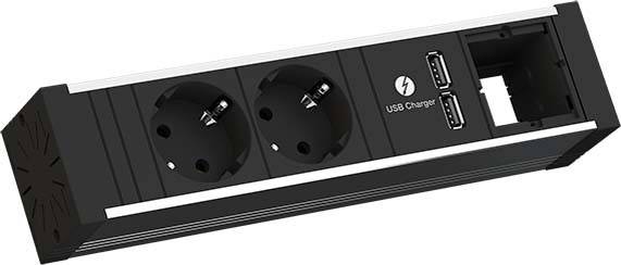 'Schwarz-weiße Steckdosenleiste mit zwei Steckdosen, zwei USB-Ladeanschlüssen und einem Ethernet-Port.'