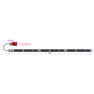 Diagramm eines Kabelstrangs mit Maßen. Kabel 3000 mm, mit Stecker. Länge des Strangs 1458,4 mm, Höhe 44 mm. Typ: H05VV-F 5G2,5mm².