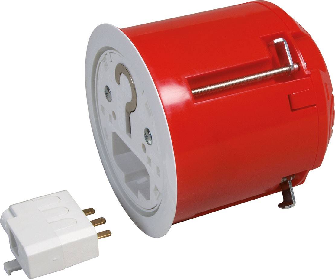 Roter Einbaugehäuse mit weißem Steckereinsatz und separatem weißen Steckeradapter, geeignet für Wandmontage.