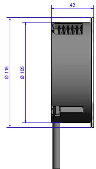 Seitenansicht eines zylindrischen Geräts mit Kabelausgang unten, Abmessungen von 115 mm Durchmesser und 43 mm Tiefe markiert.