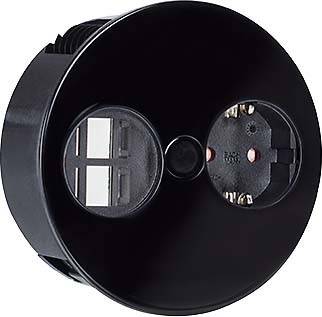 Schwarze runde Steckdose mit zwei Steckplätzen; links für USB, rechts typischer Stromstecker.