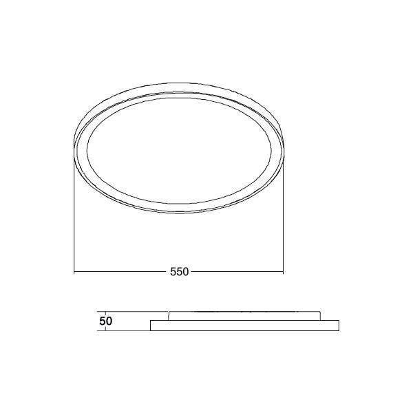 Diagramm eines runden Objekts mit einem Durchmesser von 550 mm und einer Höhe von 50 mm, dargestellt in Draufsicht und Seitenansicht.