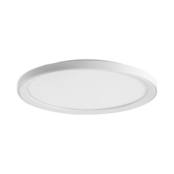 Eine runde, weiße Deckenleuchte mit flachem Design und gleichmäßiger Lichtverteilung, ideal für moderne Innenräume.