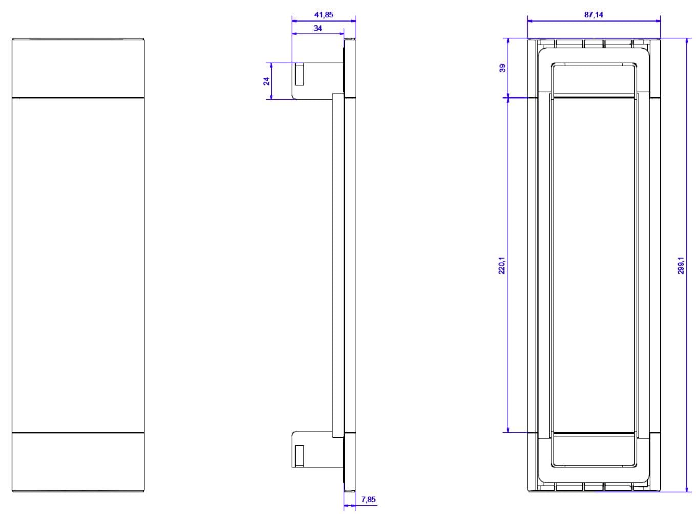 Technische Zeichnung eines rechteckigen Bauteils mit drei Ansichten und Bemaßungen: Länge 101,7 mm, Breite 44,05 mm, Höhe 87,14 mm.