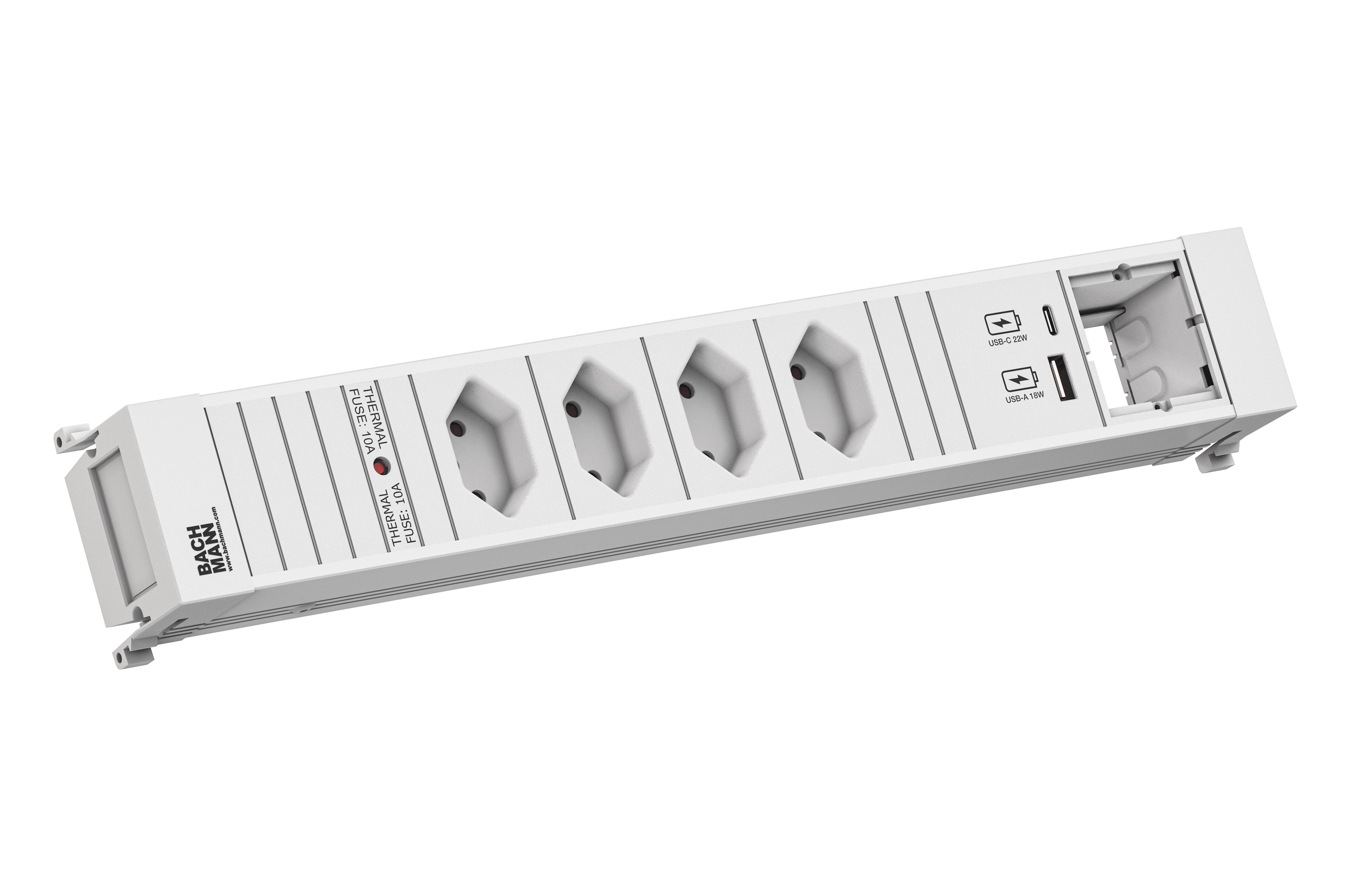 Eine Steckdosenleiste mit fünf Steckplätzen und zwei USB-Anschlüssen auf einer weißen Oberfläche.