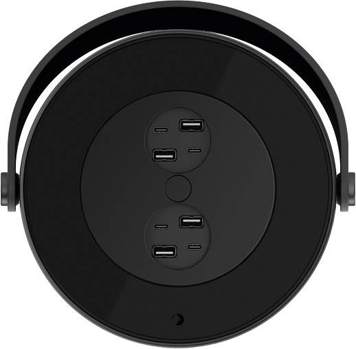 Schwarzes, rundes Gerät mit fünf USB-Anschlüssen, zwei oben, drei unten. Tragegriff an den Seiten, kompakt und tragbar.