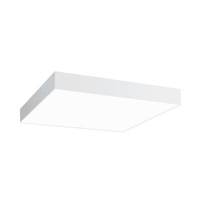 Weiße, quadratische Deckenleuchte auf weißem Hintergrund.