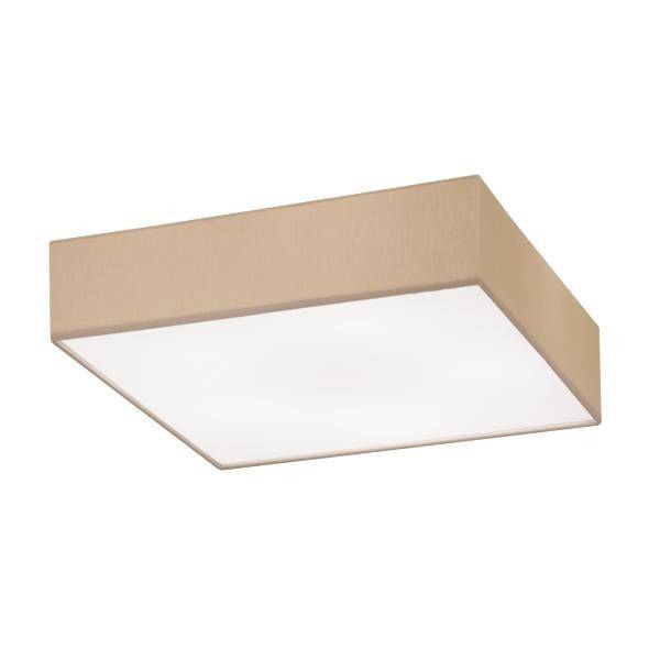 Quadratische Deckenleuchte mit weißem Schirm und beigem Rahmen, zeigt moderne und schlichte Gestaltung. Ideal für Wohnbereiche.