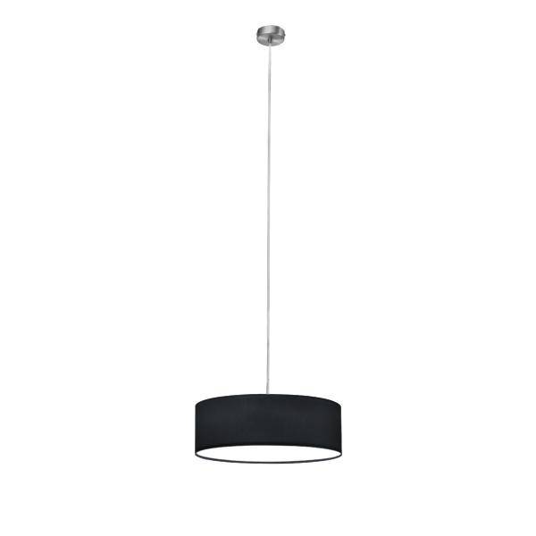 Schwarze Deckenleuchte mit rundem, modernem Design und silbernem Sockel, hängt an einem dünnen Kabel.