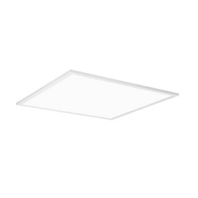 Weiße quadratische LED-Deckenlampe auf weißem Hintergrund.