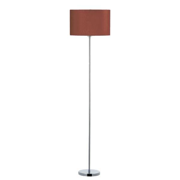 Stehlampe mit silbernem, schlankem Gestell und rundem, braunem Lampenschirm. Ideal für moderne Wohnräume.