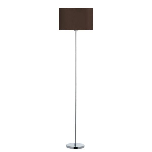 Stehlampe mit einem schlanken, silbernen Ständer und einem runden, braunen Lampenschirm. Ideal für modernes Wohnambiente.