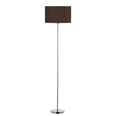 Stehlampe mit einem schlanken, silbernen Ständer und einem runden, braunen Lampenschirm. Ideal für modernes Wohnambiente.