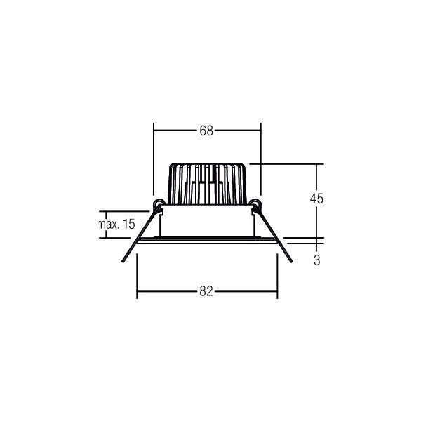 Diagramm einer Lampe mit Einbaumaßen: Durchmesser 68 mm, Höhe 45 mm, Gesamtbreite mit Halterungen 82 mm, Tiefe 3 mm.