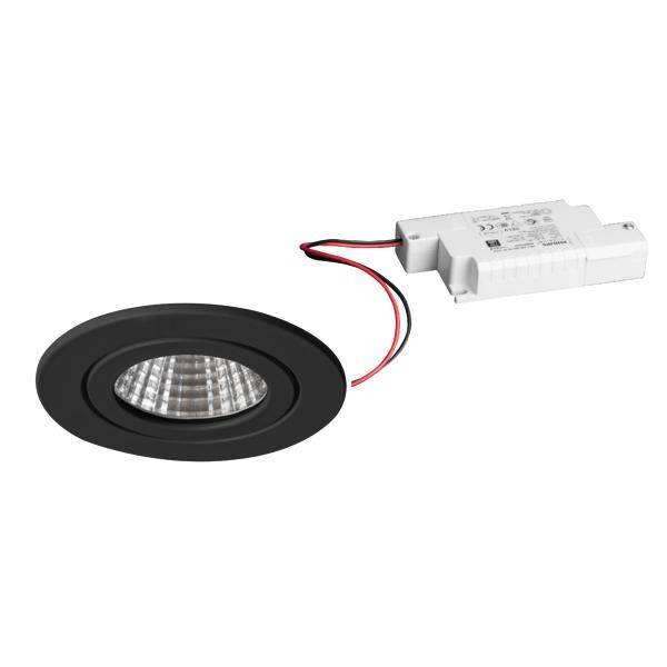 Schwarzer Einbaustrahler mit runder Form, verbunden mit einem weißen elektrischen Treiber und roten Kabeln. Geeignet für Deckenmontage.