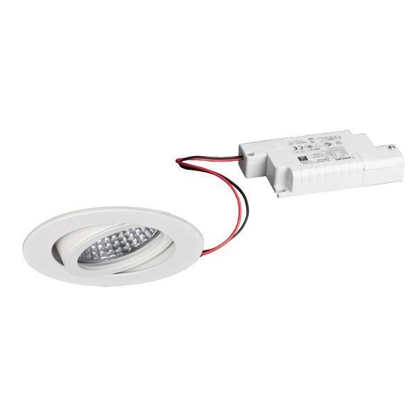 Eine weiße LED-Einbauleuchte mit verstellbarem Spot und einem angeschlossenen elektronischen Vorschaltgerät.