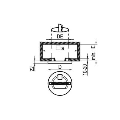 Technische Zeichnung eines elektrischen Bauteils mit Maßen 'D', 'DE', und 'a'. Mindesthöhe 'HE' angegeben, Schnitt- und Vorderansicht.