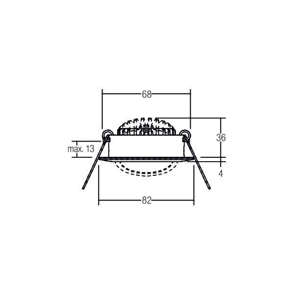 Technische Zeichnung eines Deckenstrahlers mit den Maßen: Durchmesser 68 mm, Höhe 36 mm, Einbautiefe max. 13 mm, Breite 82 mm.