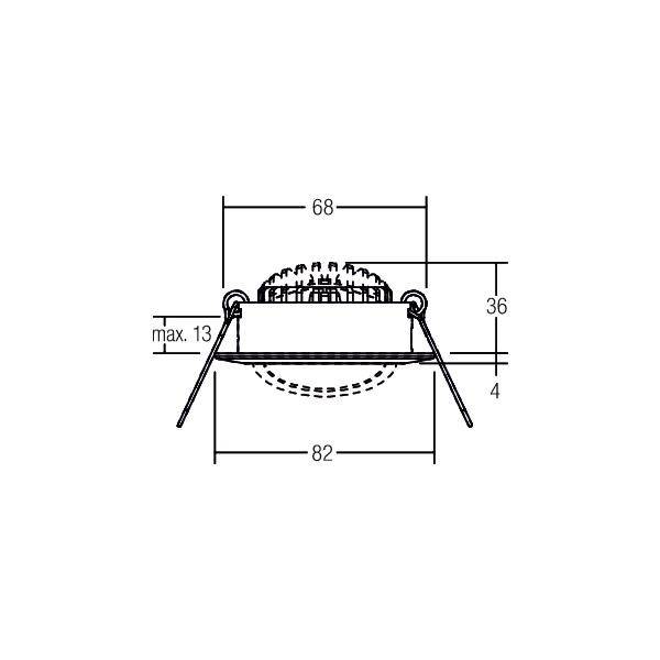 'Zeichnung eines Deckenstrahlers mit Abmessungen: Höhe 36 mm, Breite 68 mm, maximale Tiefe 13 mm, Einbaubreite 82 mm.'