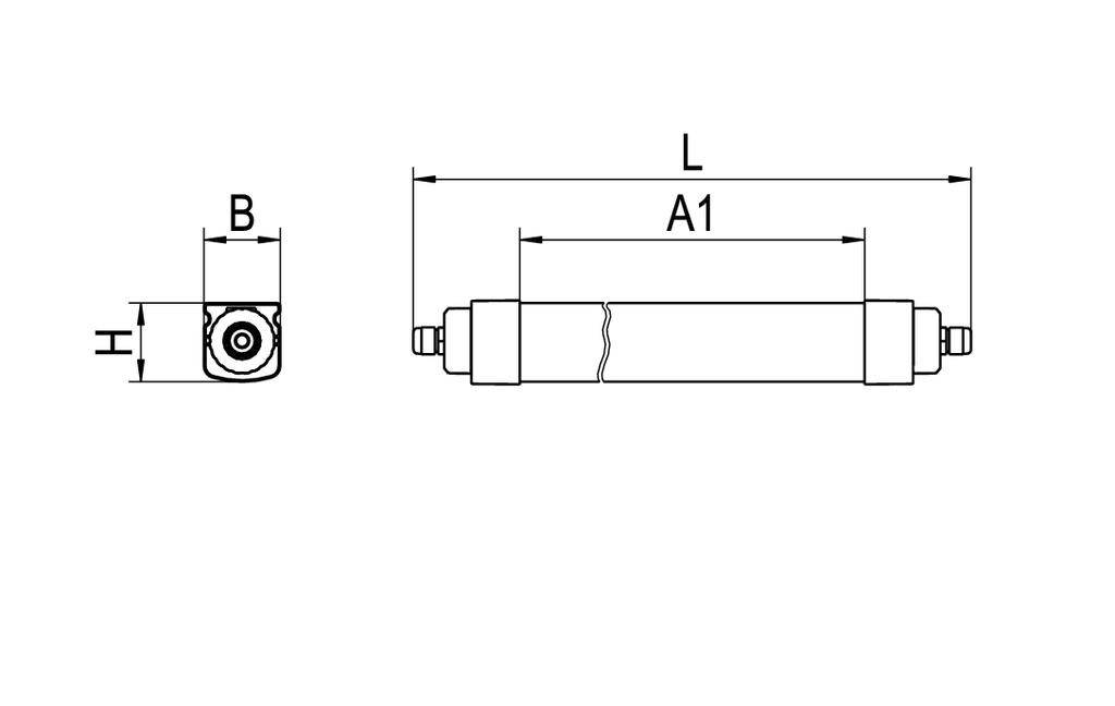 Technische Zeichnung eines Zylinders: Länge (L), Breite (B) und Höhe (H) sind markiert. Zylinder ist schmal und lang.