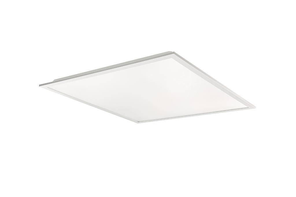 Ein quadratisches LED-Panel mit weißem Rahmen an einer Decke montiert, das gleichmäßige Beleuchtung bietet.