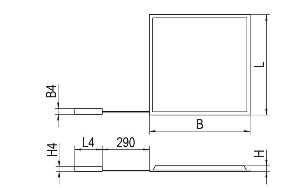 Diagramm einer quadratischen Platte mit Kabel. Maße: Breite (B), Länge (L), Kabelanschluss: Breite (B4), Länge (L4), Höhe (H4).