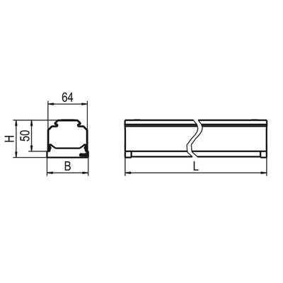 Technische Zeichnung eines Querschnittsprofils mit Maßen: Höhe (H) 50 mm, Breite (B) 64 mm, Gesamtlänge (L) gezeigt.