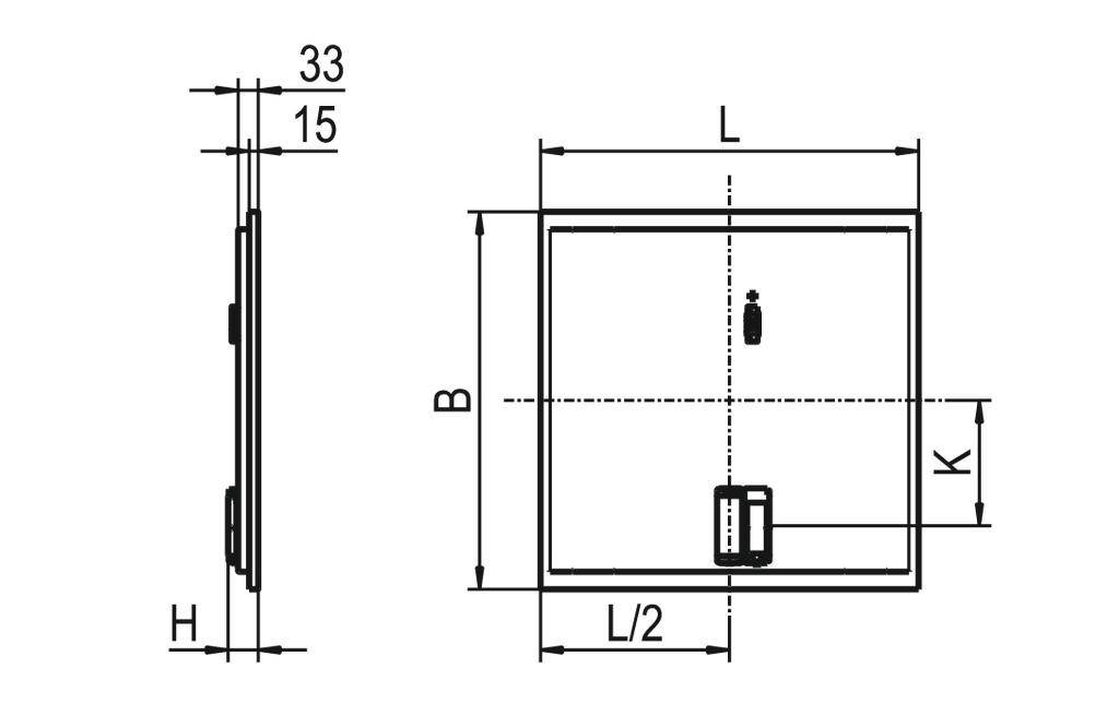 Technische Zeichnung eines rechteckigen Bauteils mit den Abmessungen L, B, H, K, L/2. Zeigt Vorderansicht und Seitenansicht.