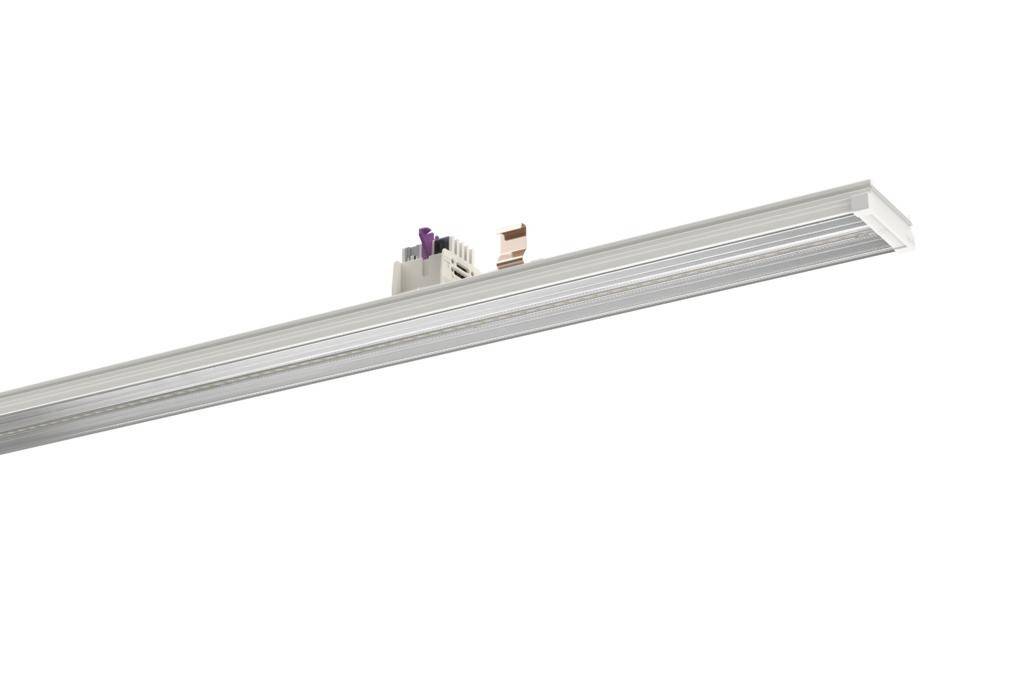 Lineare LED-Leuchte in weißem Gehäuse mit Anschlussklemme oben, geeignet für Deckenmontage in Innenräumen.