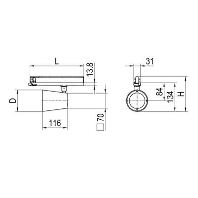 Technische Zeichnung einer zylindrischen Leuchte mit metrischen Maßen. Front- und Seitenansicht zeigen die Dimensionen L, D, H und 116 mm Länge.