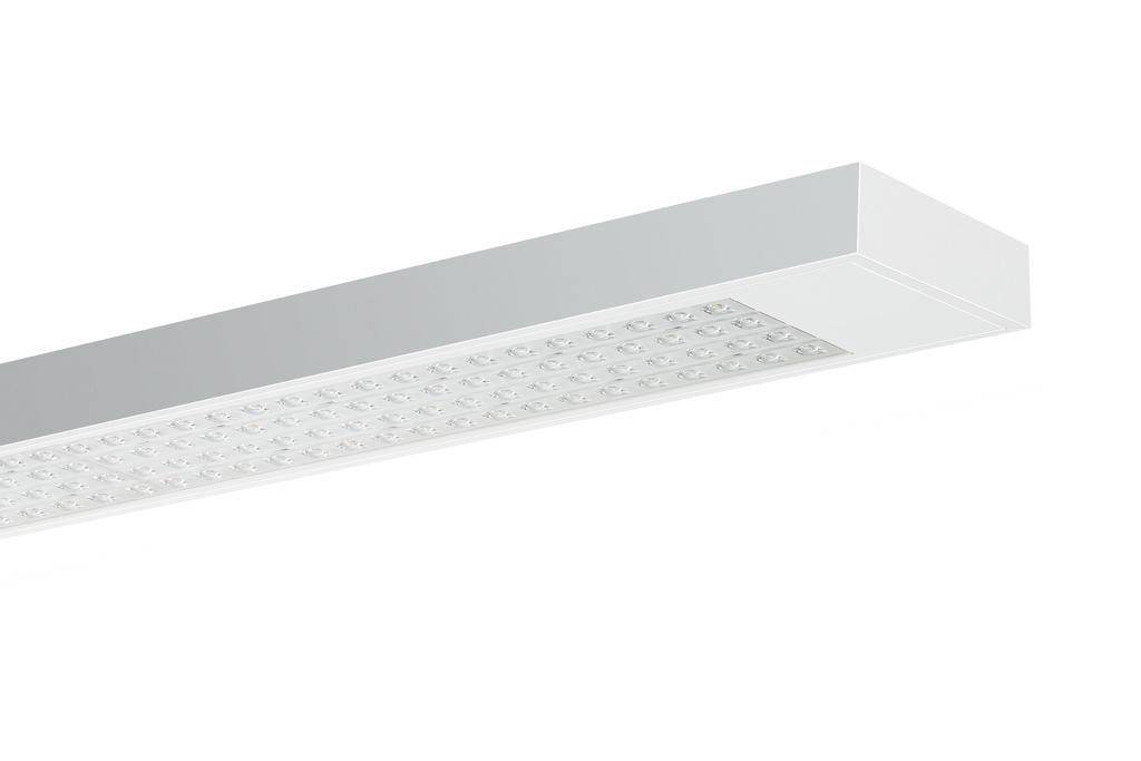 Weiße, rechteckige LED-Deckenleuchte mit schlichter, moderner Gestaltung. Enthält ein Gitter mit mehreren kleinen Leuchtdioden.