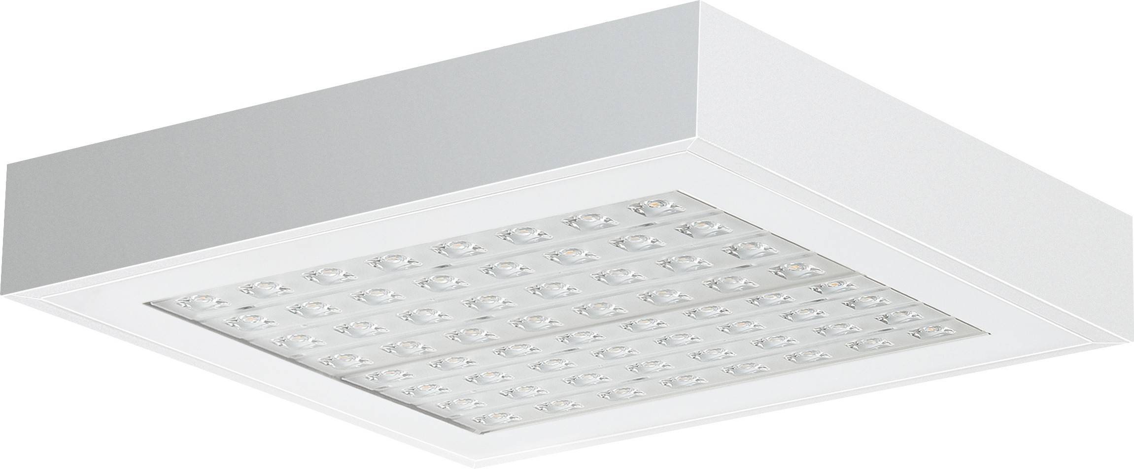 Ein rechteckiges, weißes LED-Deckenpanel mit zahlreichen kleinen, sichtbaren Leuchtpunkten in symmetrischer Anordnung.