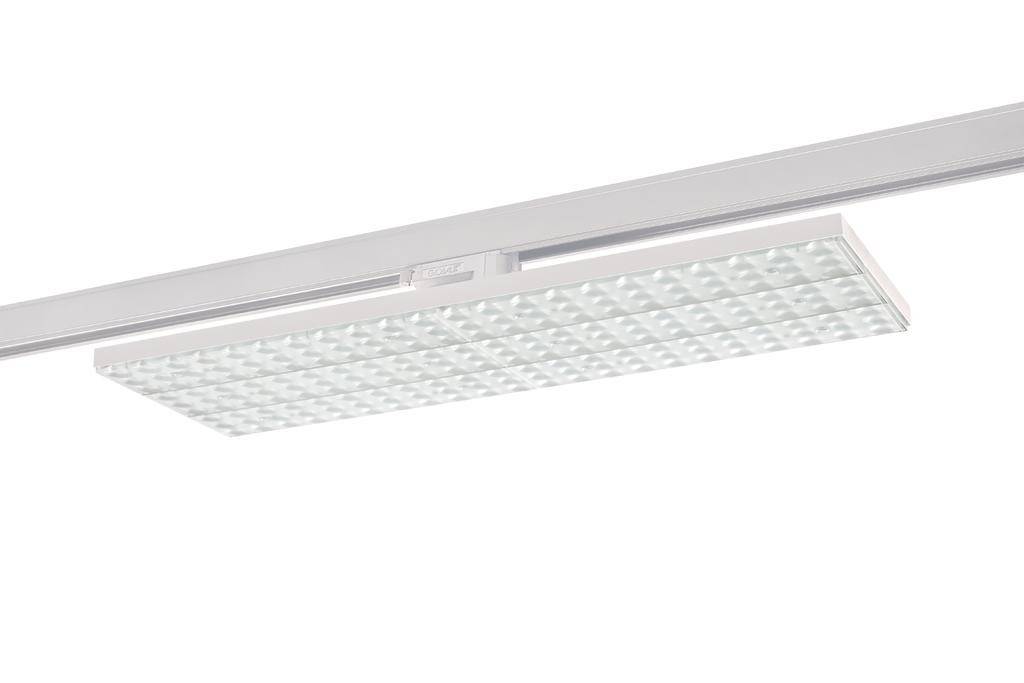 Eine moderne, rechteckige LED-Leuchte, an einer Decke befestigt. Die Leuchte hat eine weiße Abdeckung mit einem Gittermuster.