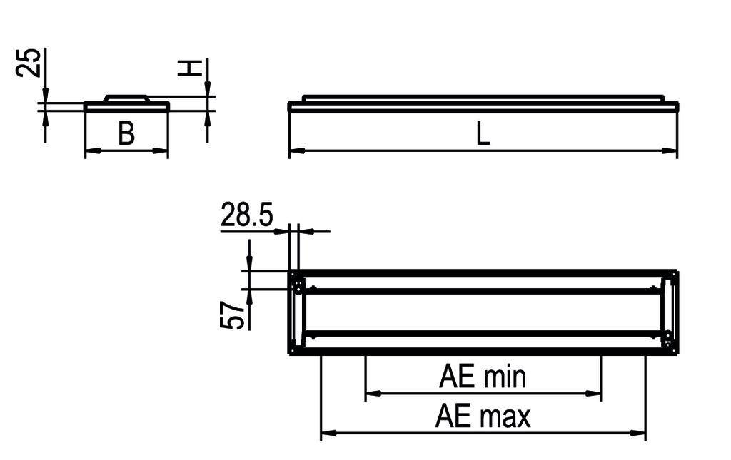Technische Zeichnung eines rechteckigen Bauteils mit den Maßen: Höhe 25, Breite B, Länge L und auf einer anderen Ansicht: Höhe 28,5, Breite 57, Länge zwischen AE min und AE max.