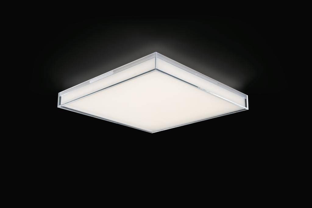 Ein quadratisches LED-Deckenlicht in einem dunklen Raum. Es leuchtet hell und gleichmäßig, ohne sichtbare Schatten oder Verzierungen.