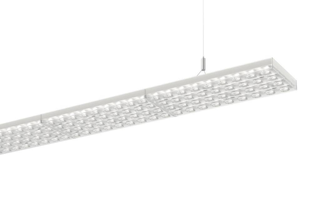 Eine hängende LED-Leuchte mit einem langen, rechteckigen Design, bestehend aus mehreren kleinen, weißen Lichtquellen.