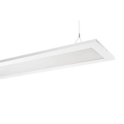 Weiße rechteckige Deckenleuchte, die an zwei dünnen Kabeln hängt. Sie hat ein schlichtes, modernes Design.
