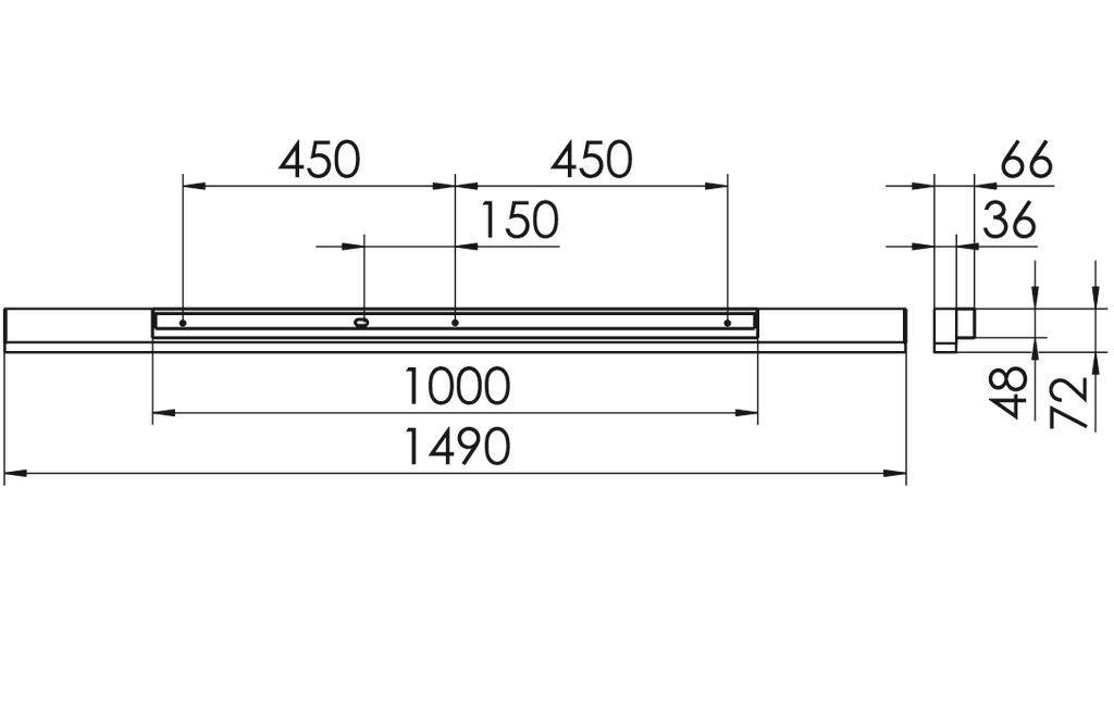 Technische Zeichnung eines rechteckigen Objekts mit Abmessungen: Länge 1490 mm, Breite 72 mm, Höhe 66 mm. Detaillierte Bemaßungen gezeigt.