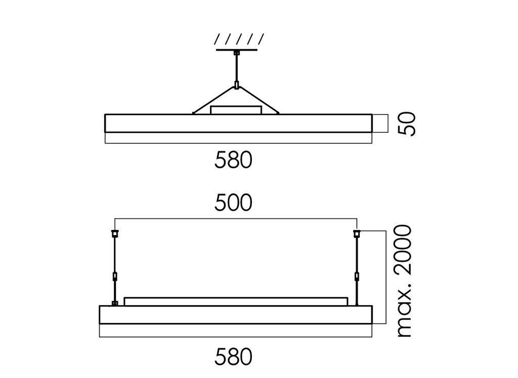 Technische Zeichnung einer rechteckigen Deckenlampe mit den Maßen 580 x 50 mm und einer maximalen Abhängung von 2000 mm.