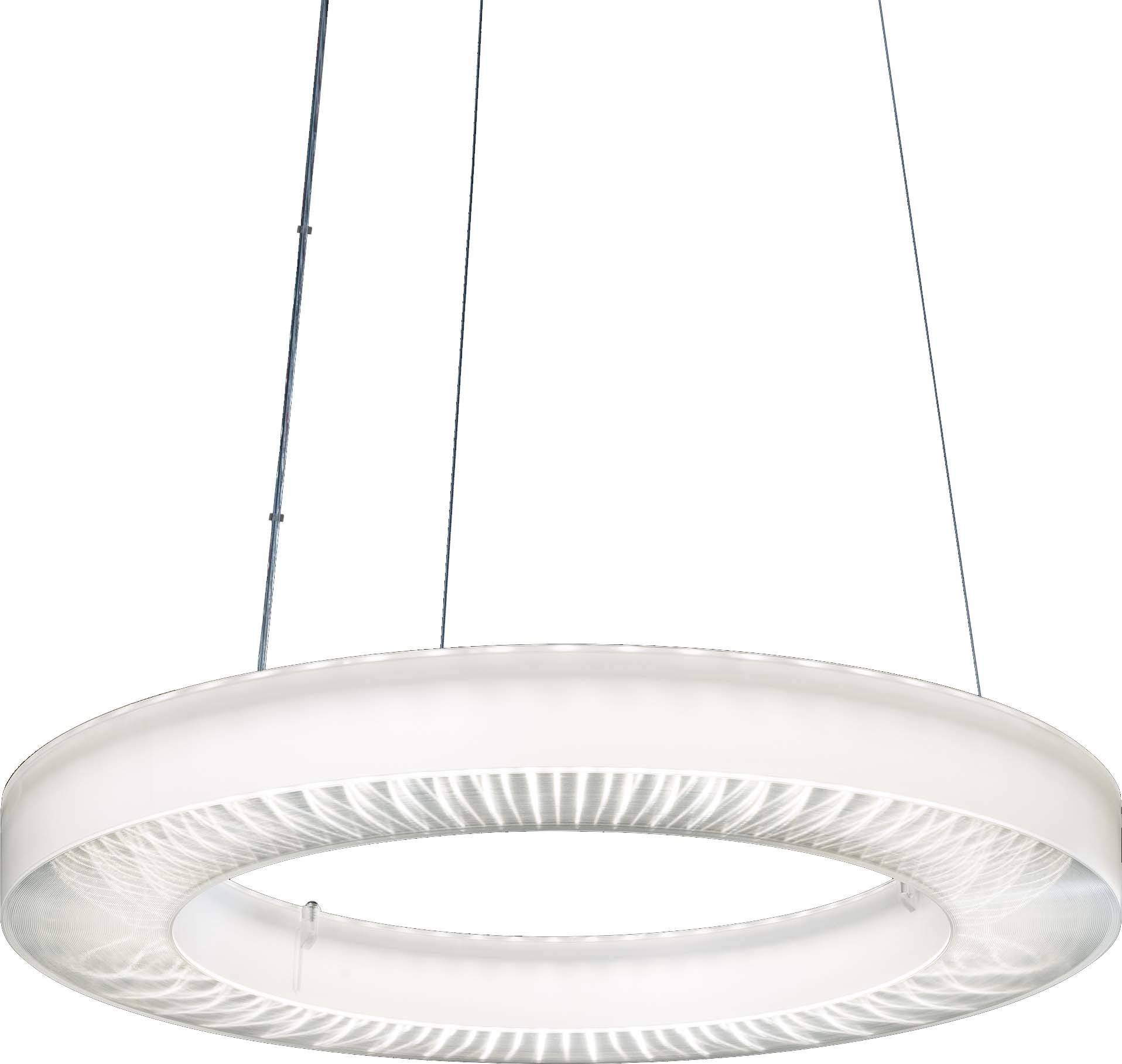 Eine moderne, runde Hängelampe mit silbernem Rahmen und LED-Lichtern, die ein gleichmäßiges, weißes Licht abstrahlen.