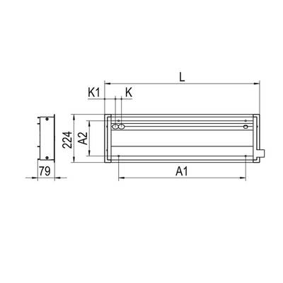 Technische Zeichnung eines rechteckigen Bauteils mit den Maßen 224 mm Höhe, 79 mm Breite und A1, A2, K und K1 zur Längenbestimmung.