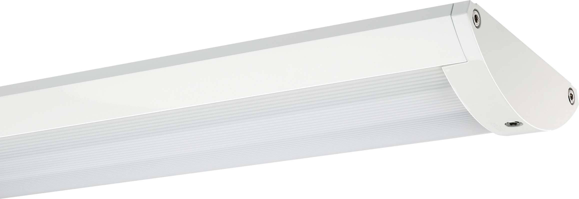Weiße LED-Leuchte in länglicher Form, an der Decke montiert.