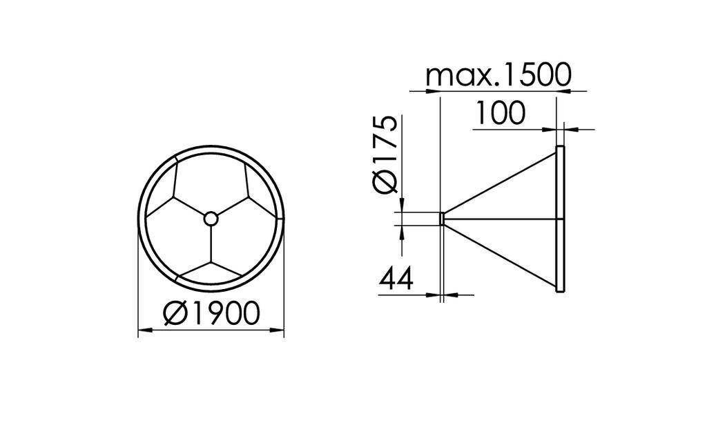 Technische Zeichnung einer fünfeckigen Struktur mit Maßen: Durchmesser 1900 und max. 1500, Tiefe 175 und 100, Detailansicht von vorn und seitlich.