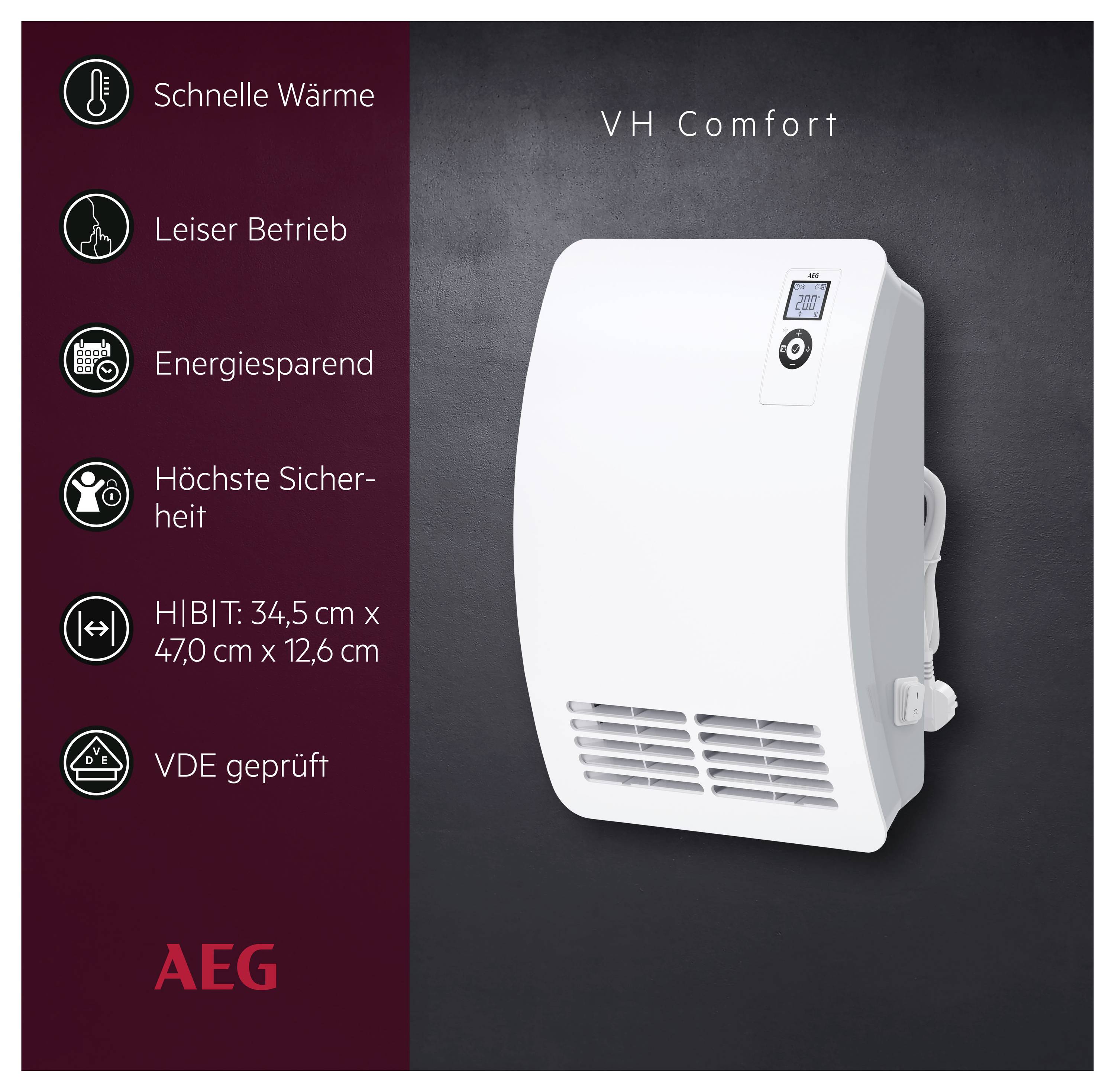 AEG VH Comfort Wandheizgerät mit Display; links: schnelle Wärme, leiser Betrieb, energiesparend, höchste Sicherheit, Maße 34,5 x 47,0 x 12,6 cm, VDE geprüft.