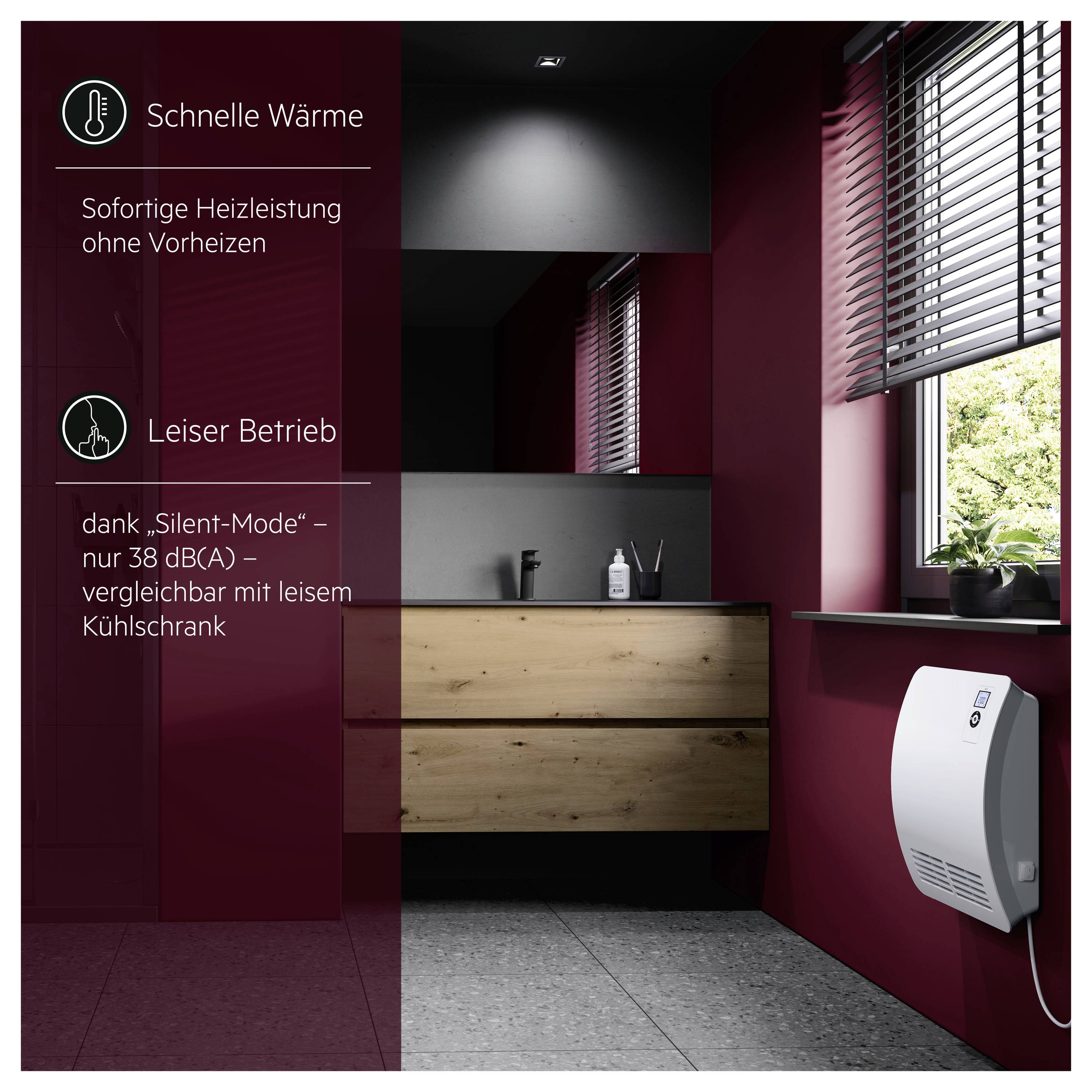 Werbegrafik für eine Wandheizung in modernem Bad: 'Schnelle Wärme' ohne Vorheizen und 'Leiser Betrieb' im 'Silent-Mode' mit 38 dB(A), neben dem Gerät an der Wand.<br>