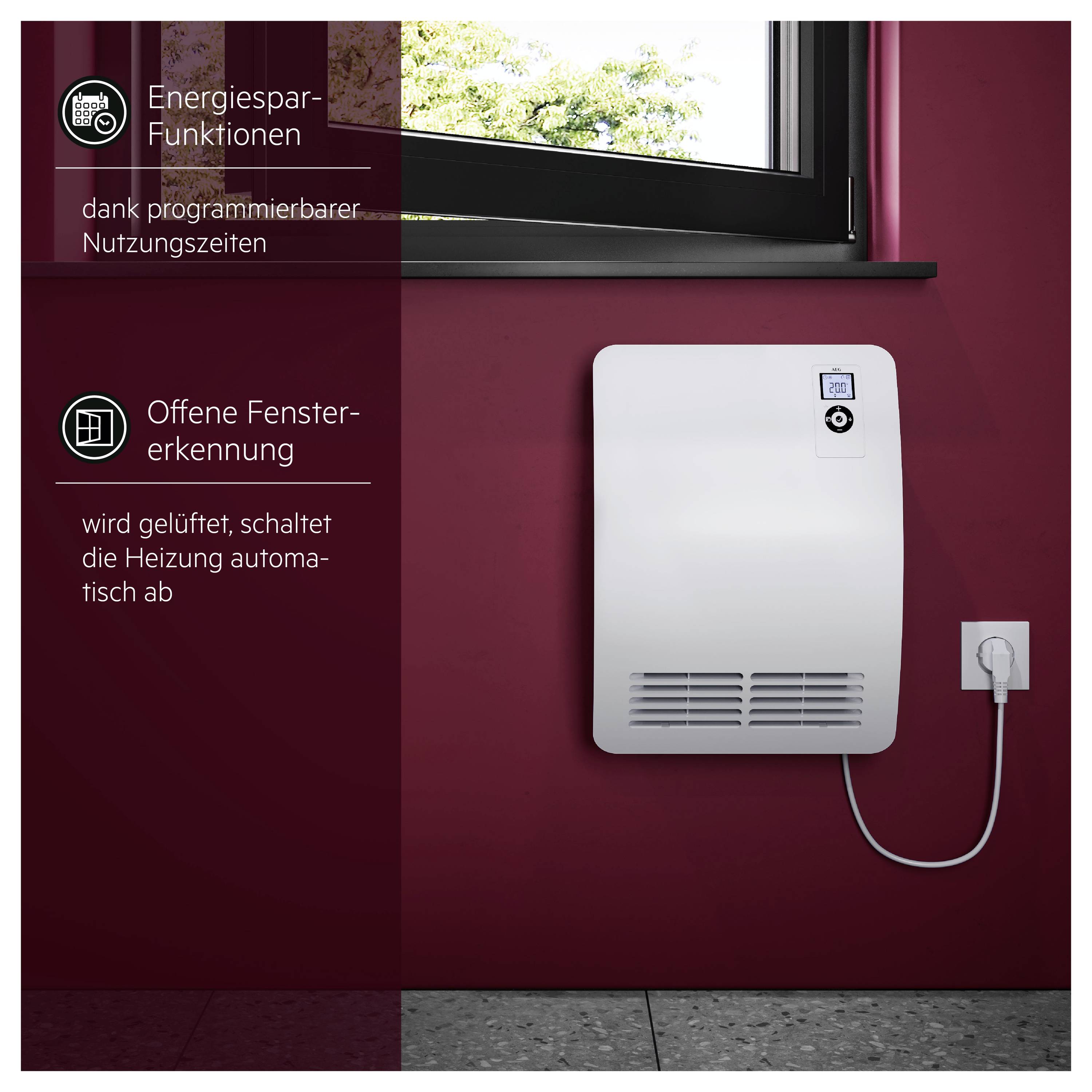 Wandmontiertes Heizgerät mit Display; Text betont Energiesparfunktionen durch programmierbare Nutzungszeiten und offene Fenst­erkennung, die bei Lüften die Heizung automatisch abschaltet.